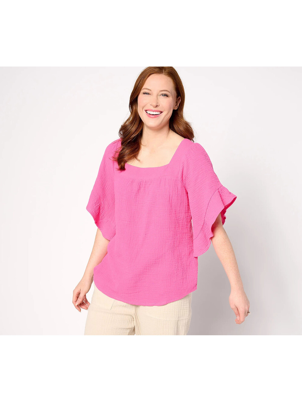 2821 Belle Beach by Kim Gravel Gauze Square Neck Ruffle Sleeve Top Size XS
